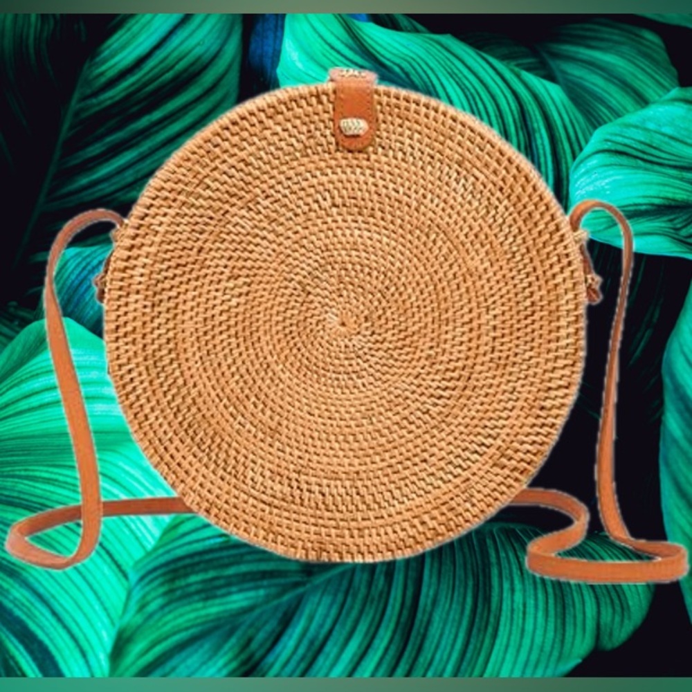 Round Crossbody purse made in Bali Round Rattan Fabric Natural Wicker Boho